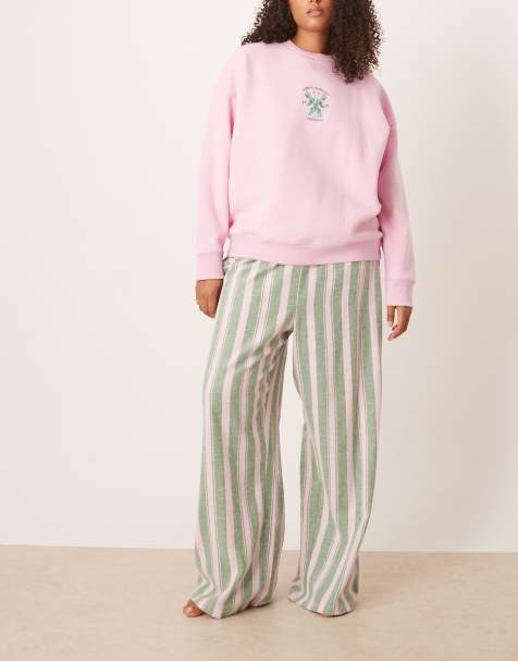 ASOS DESIGN Curve logo jersey sweatshirt pyjama set with woven stripe trouser in pink and green stripe - view 1