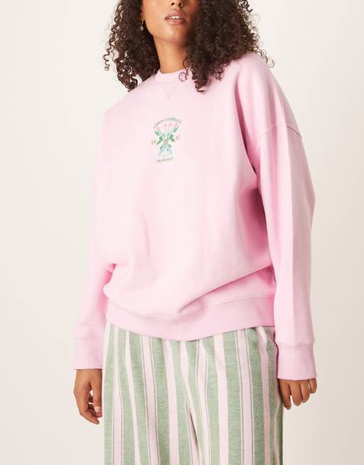 ASOS DESIGN Curve logo jersey sweatshirt pyjama set with woven stripe trouser in pink and green stripe, 2 of 4