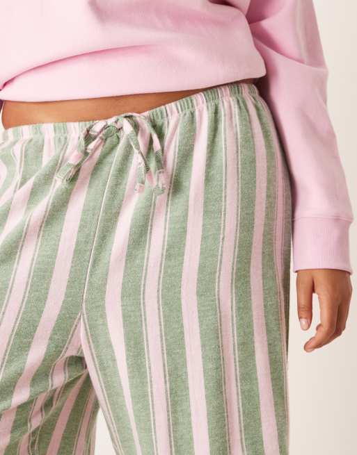ASOS DESIGN Curve logo jersey sweatshirt pyjama set with woven stripe trouser in pink and green stripe, 3 of 4