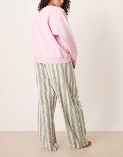 ASOS DESIGN Curve logo jersey sweatshirt pyjama set with woven stripe trouser in pink and green stripe, 4 of 4