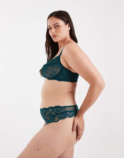 ASOS DESIGN Curve Lola lace classic lingerie thong in emerald green, 3 of 4