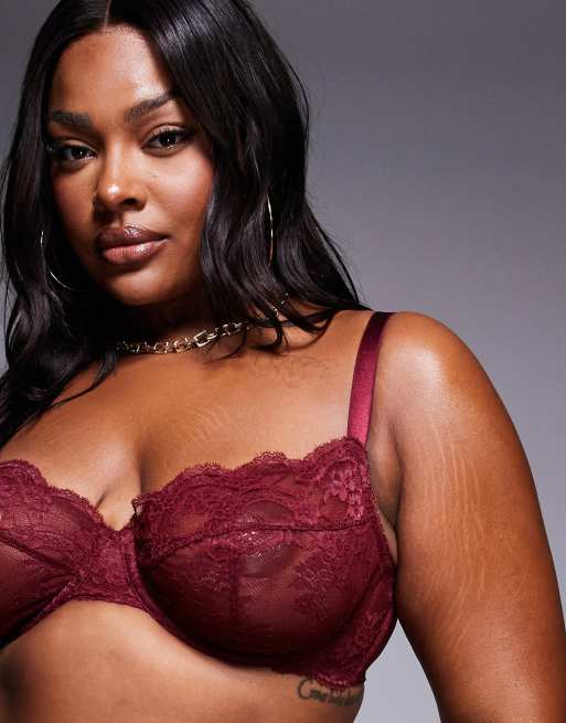 ASOS DESIGN Curve Lola lace underwired bra in burgundy, 2 of 4