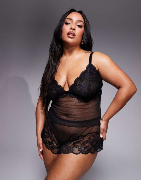 ASOS DESIGN Curve – Lola – Svart set i spets med linne och shorts - view 1