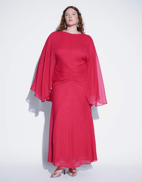 ASOS DESIGN Curve long angel sleeve maxi dress with ruched waist in raspberry - view 1