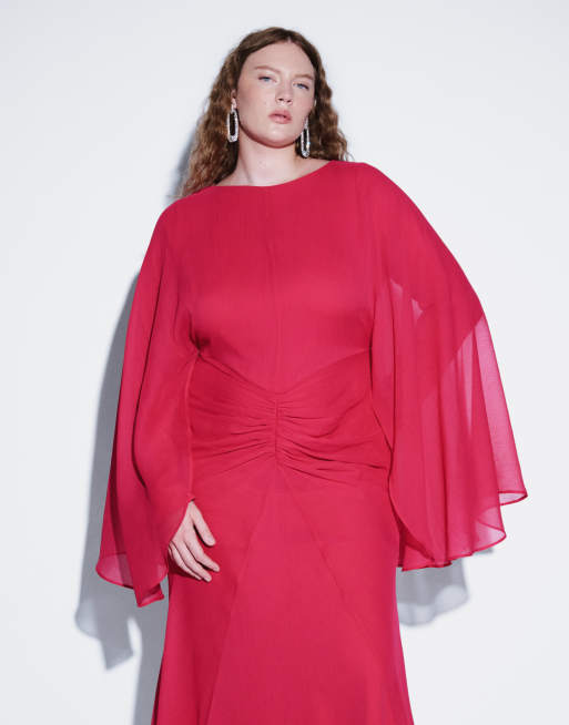 ASOS DESIGN Curve long angel sleeve maxi dress with ruched waist in raspberry, 4 of 4
