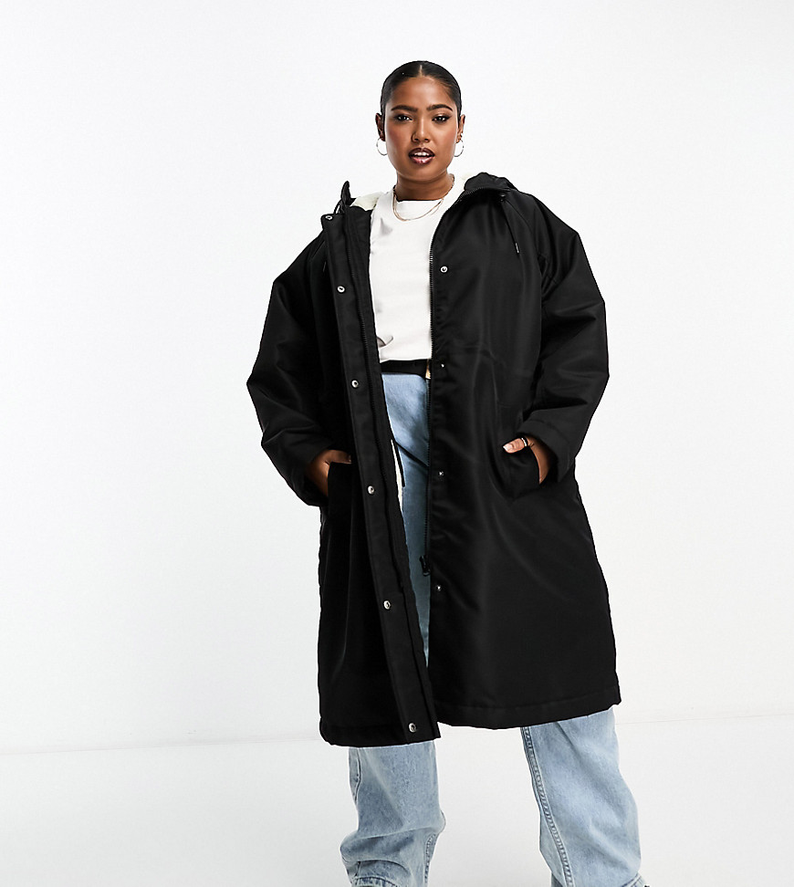 Asos Curve Asos Design Curve Long Raincoat With Borg Lining And Placket In Black