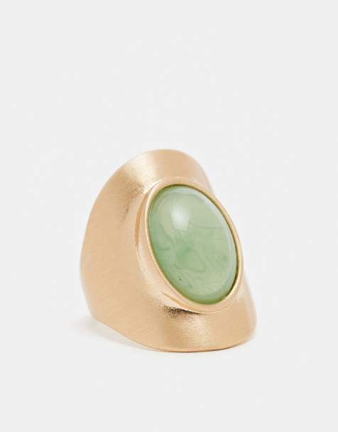 ASOS DESIGN Curve long ring with faux sage stone set in brushed gold - view 1