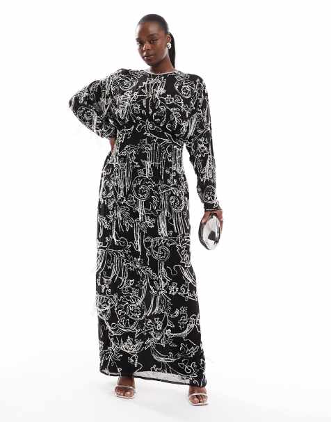 ASOS DESIGN Curve long sleeve allover fringe embellished maxi dress in black  - view 1