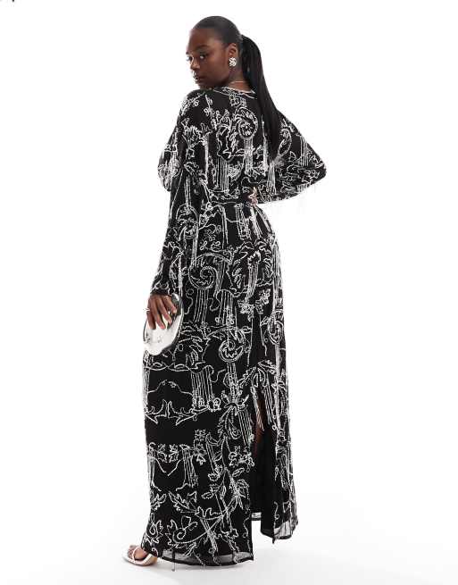 ASOS DESIGN Curve long sleeve allover fringe embellished maxi dress in  black | ASOS