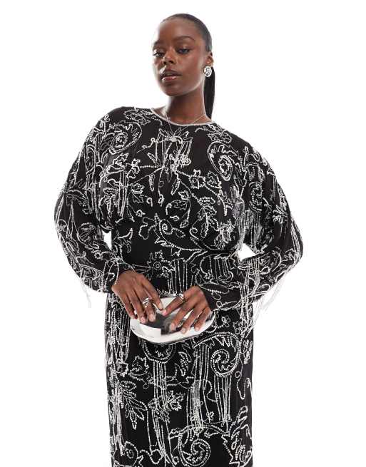 Plus Size Black Long Sleeve Fringe Dress Black Mac Duggal 5947