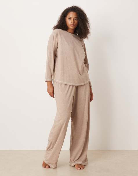 ASOS DESIGN Curve long sleeve and wide leg trouser pyjama set in brown marl - view 1