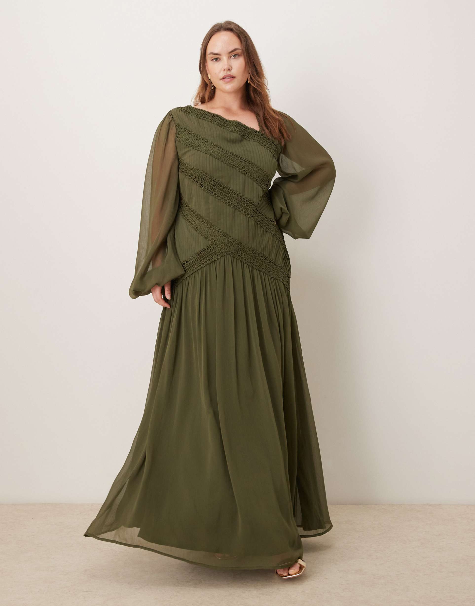 asos design curve long sleeve asymmetric neckline maxi dress with lace trim in khaki