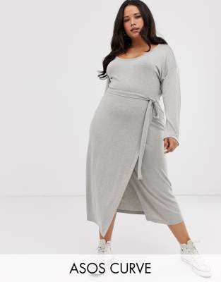 tie waist long sleeve knit midi dress