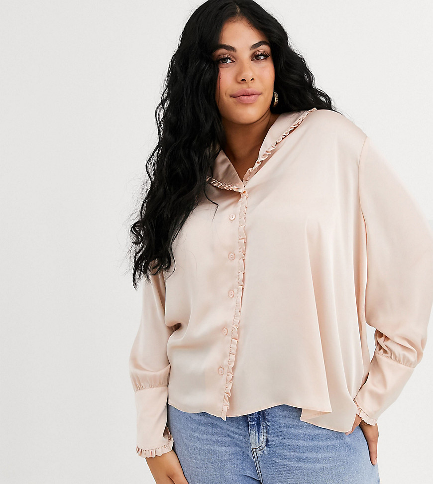 ASOS DESIGN Curve long sleeve blouse with frill collar detail-No Colour
