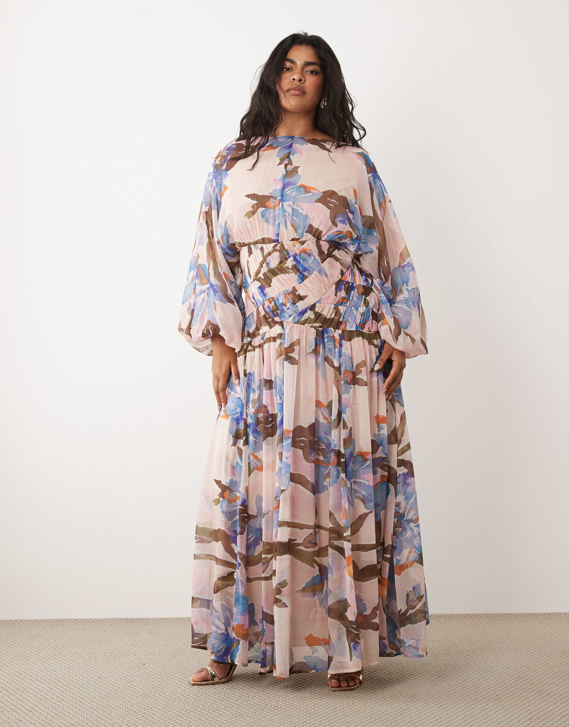 asos design curve long sleeve blouson maxi dress with gauged ruched waist detail in romantic floral print