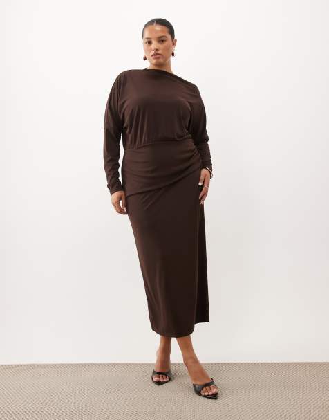 ASOS DESIGN Curve long sleeve blouson midi dress in chocolate brown - view 1