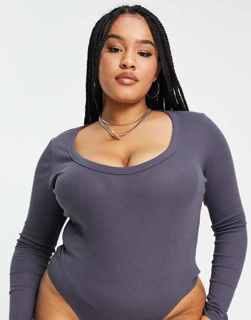 ASOS DESIGN Curve long sleeve bodysuit with scoop neck and chunky trims in elephant grey