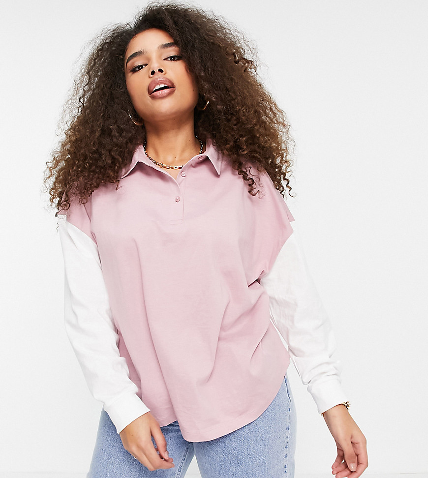 ASOS DESIGN Curve long sleeve boxy polo colour block top in washed pink