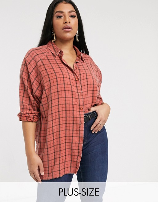 ASOS DESIGN Curve long sleeve boyfriend shirt in brown and black check