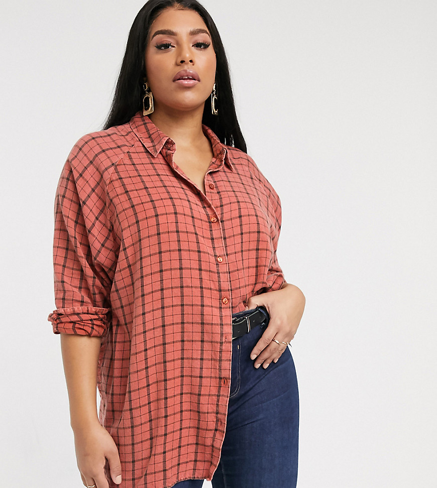 ASOS DESIGN Curve long sleeve boyfriend shirt in brown and black check-Multi