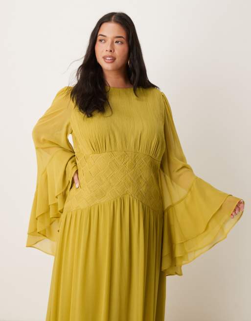 ASOS DESIGN Curve long sleeve chiffon maxi dress with cross stitch waist detail in soft olive green