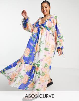 ASOS DESIGN Curve long sleeve chiffon midi smock dress in oversized floral print 