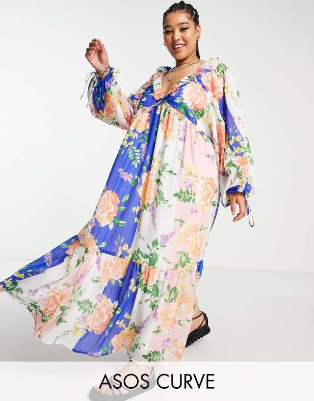 ASOS DESIGN Curve long sleeve chiffon midi smock dress in oversized floral print