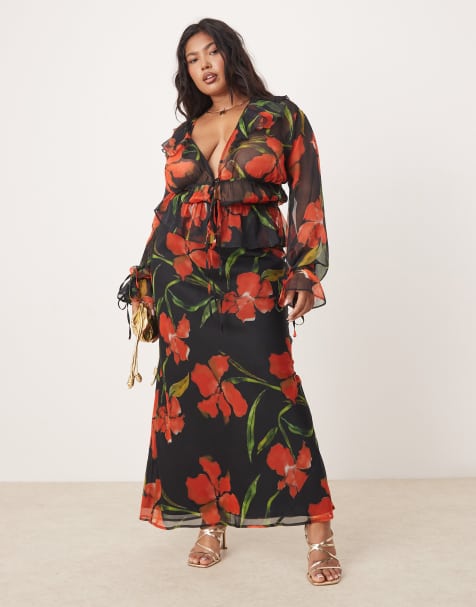 ASOS DESIGN Curve long sleeve chiffon ruffle tie top co-ord in floral print - MULTI - view 1