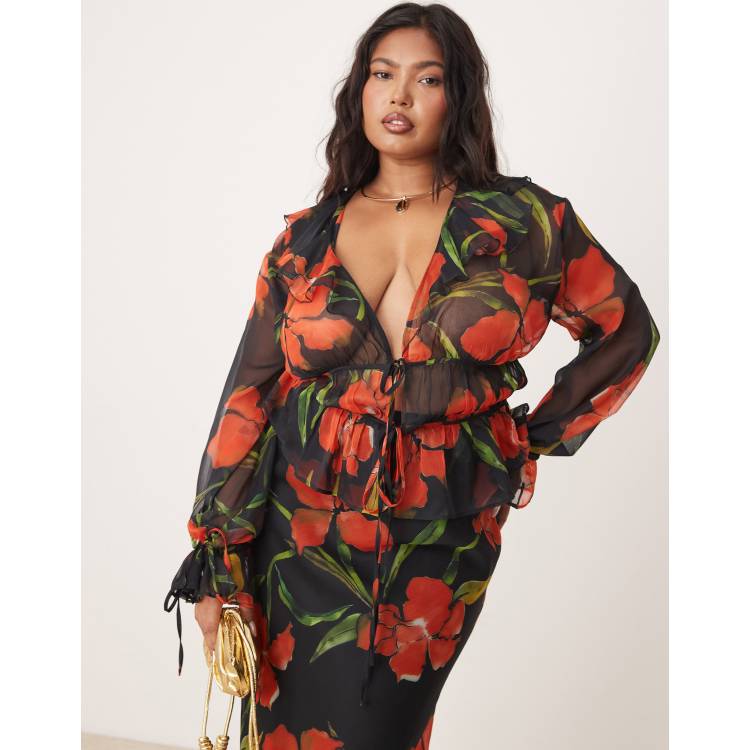 ASOS DESIGN Curve long sleeve chiffon ruffle tie top co-ord