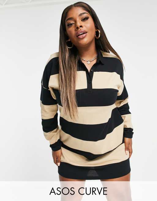 ASOS DESIGN Curve long sleeve collared shirt mini dress in black and sand stripe