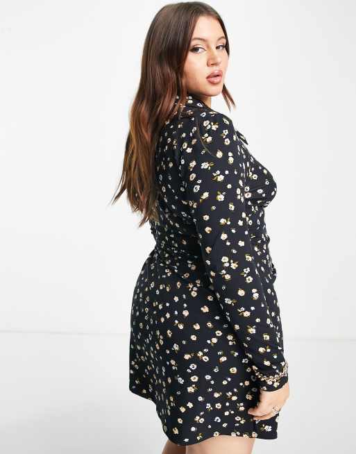 ASOS DESIGN Curve long sleeve collared wrap dress in black floral delicate  print