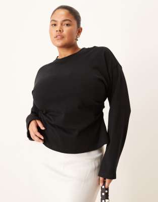 Asos Curve Asos Design Curve Long Sleeve Corset Waist Tee In Black