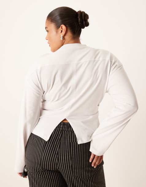 ASOS DESIGN Curve long sleeve corset waist tee in white - view 1