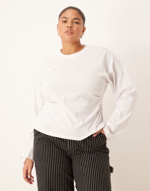ASOS DESIGN Curve long sleeve corset waist tee in white, 3 of 4