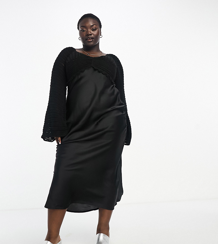 Asos Curve Asos Design Curve Long Sleeve Crochet Bodice Satin Maxi Dress In Black