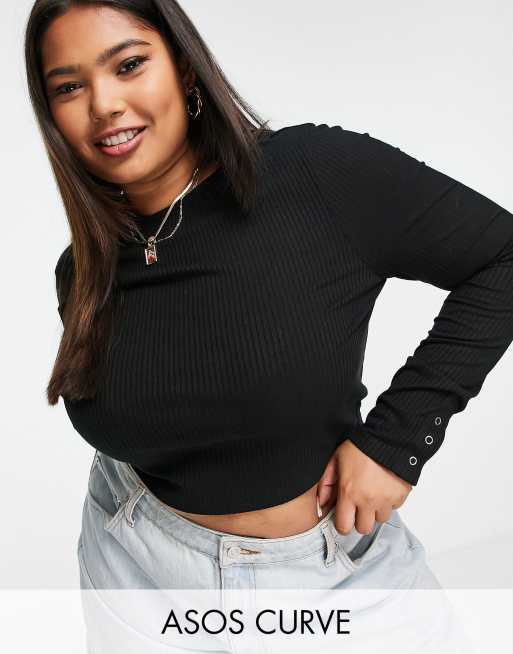 ASOS DESIGN Curve long sleeve crop top with snap cuff in black