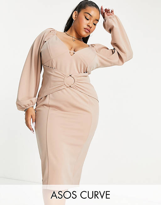 ASOS DESIGN Curve long sleeve cupped ring midi pencil dress in taupe