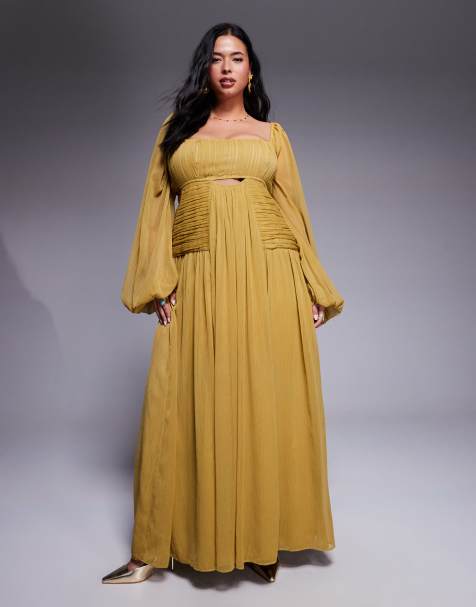 ASOS DESIGN Curve long sleeve cut out maxi dress with ruched skirt in olive green - view 1