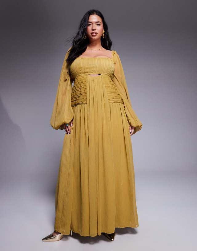 ASOS DESIGN Curve long sleeve cut out maxi dress with ruched skirt in olive green