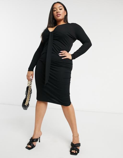 ASOS DESIGN Curve long sleeve deep plunge tie detail midi dress in black