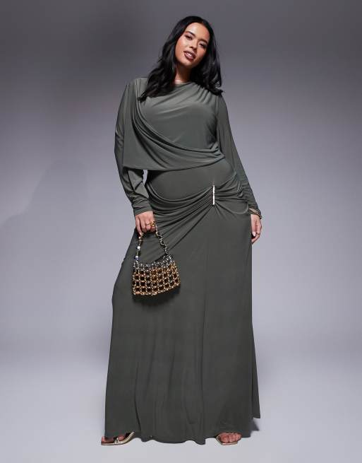 ASOS DESIGN Curve long sleeve drape maxi dress with hitched skirt and trim in khaki