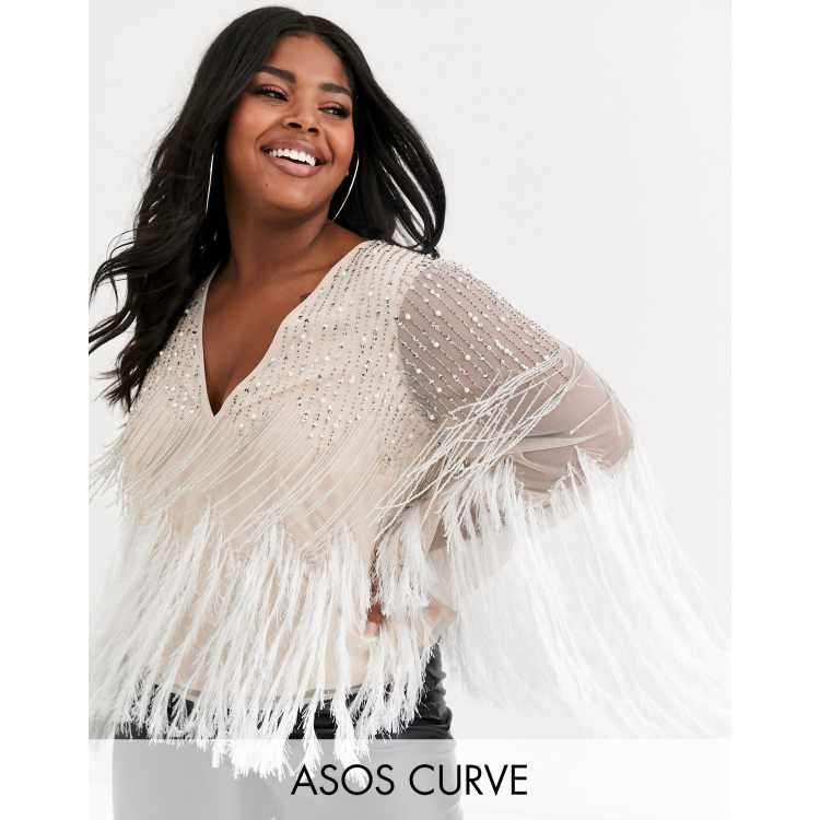 ASOS DESIGN Curve long sleeve embellished top with faux feather trim