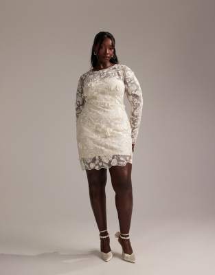 ASOS DESIGN Curve long sleeve embroidered mini wedding dress in cream-White