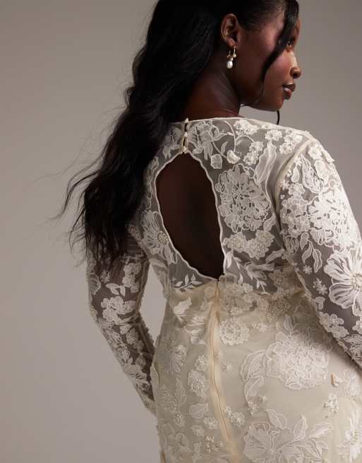 ASOS DESIGN Curve long sleeve embroidered mini wedding dress in cream | ASOS