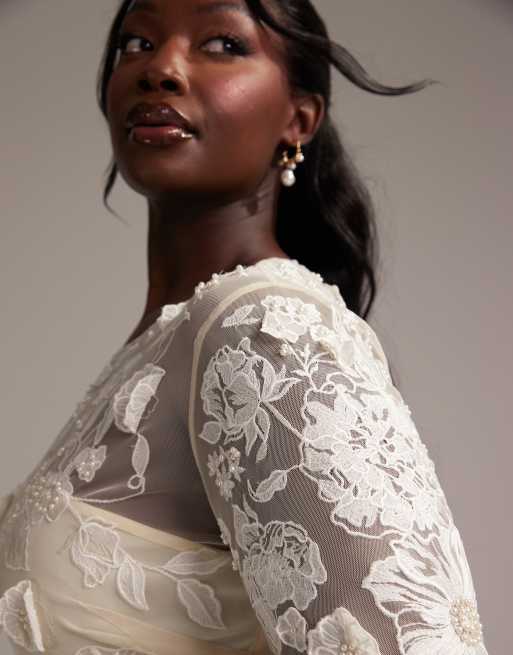 ASOS DESIGN Curve long sleeve embroidered mini wedding dress in cream | ASOS
