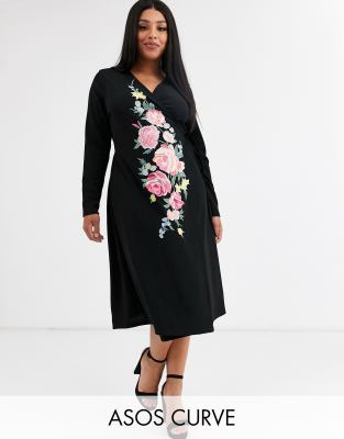 ASOS DESIGN Curve long sleeve embroidered wrap midi dress-Black