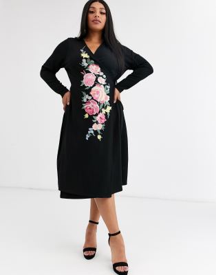 asos design long sleeve embroidered midi dress