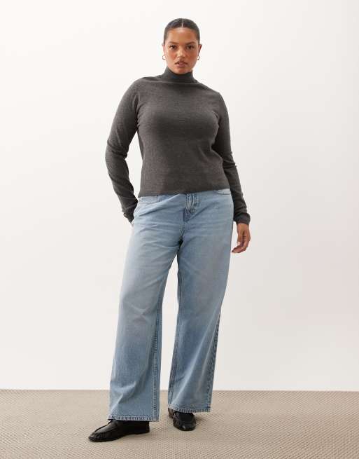 ASOS DESIGN Curve long sleeve fine gauge turtleneck sweater in charcoal, 2 of 4