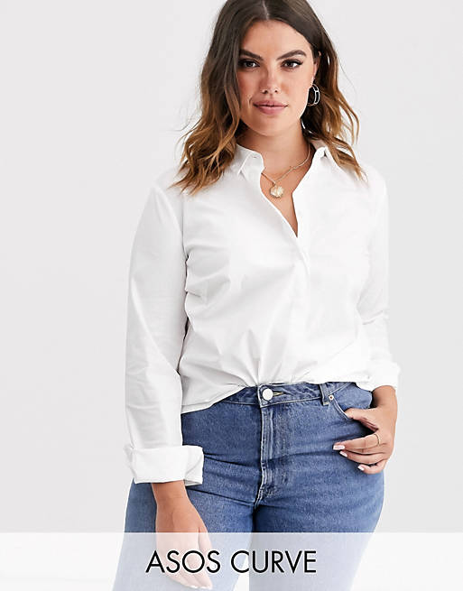 ASOS DESIGN Curve long sleeve fitted shirt in stretch cotton in white