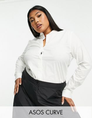 ASOS DESIGN Curve long sleeve fitted shirt in stretch cotton in white  - ASOS Price Checker